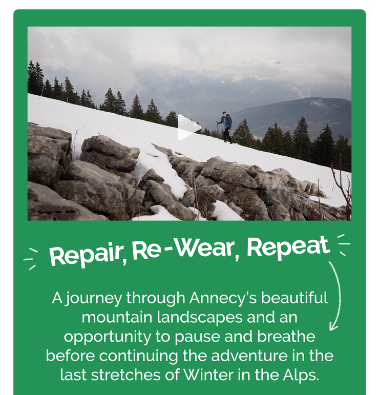 Repair, Re-Wear, Repeat film thumbnail: a hiker traversing a snowy mountain slope above rocky terrain in the Alps near Annecy, with pine forests and mountain peaks in the background.