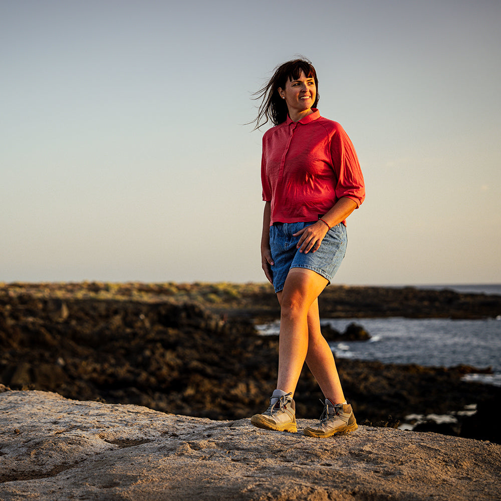 Womens 120 Ultrafine Cropped Blouse (Coral) | Model: Isabel