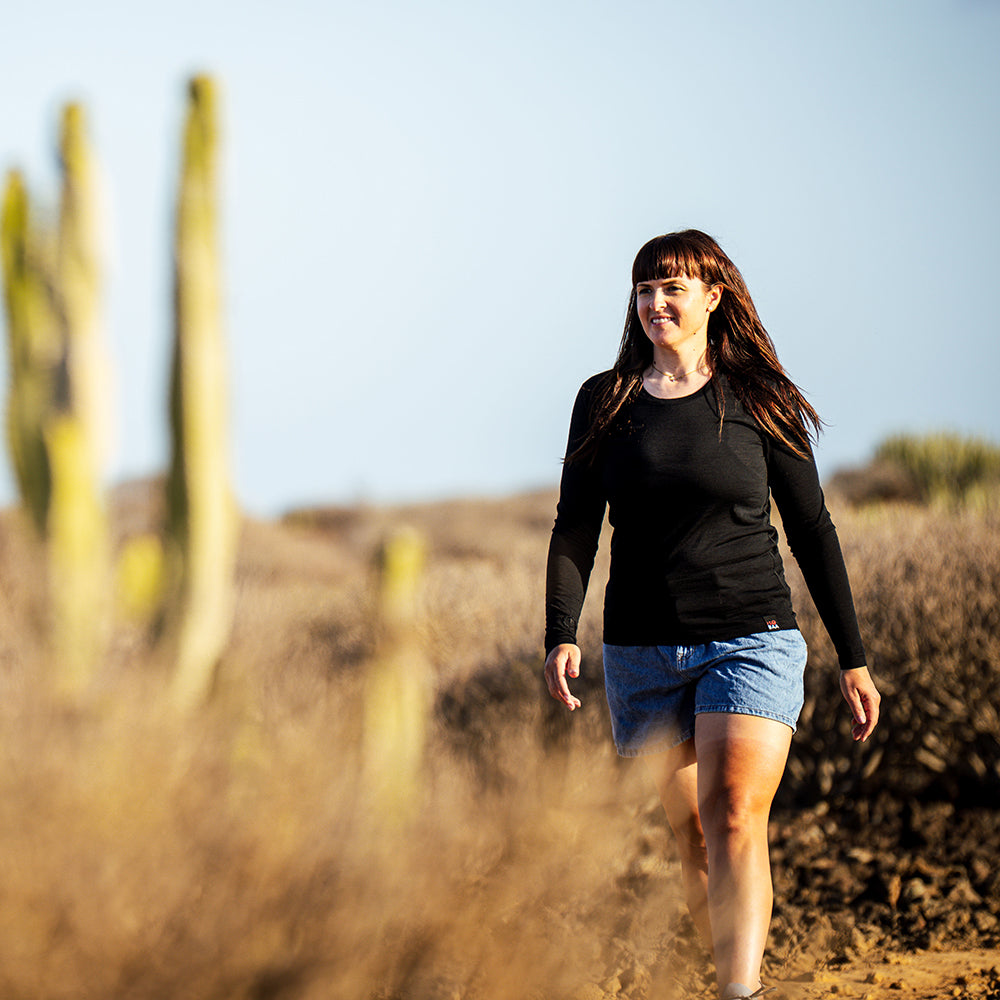 Womens 120 Ultrafine LS Crew (Black) | Model: Isabel