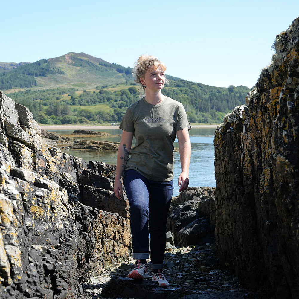 Isobaa Womens Merino 150 Peaks T-Shirt (Olive Melange/Navy) | Model: Molly