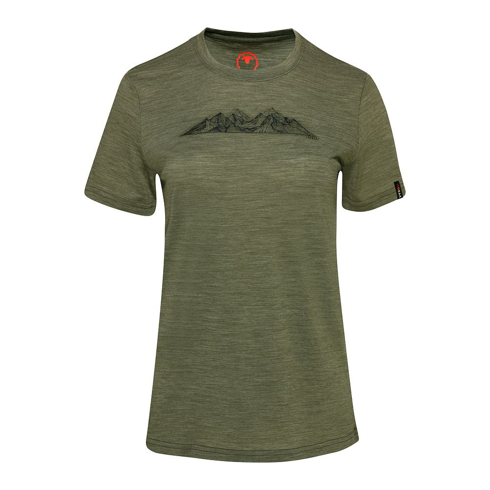Isobaa Womens Merino 150 Peaks T-Shirt (Olive Melange/Navy)