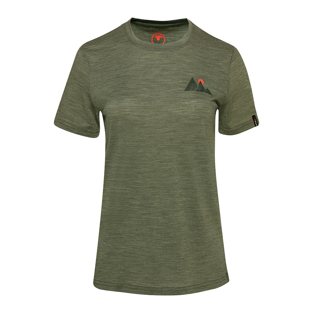 Isobaa Womens Merino 150 Sunset T-Shirt (Olive Melange/Black)