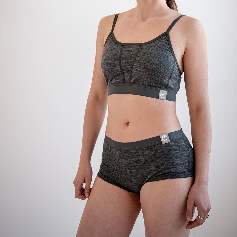 Womens Merino Blend 160 Crop Top (Smoke Melange) | Model: SS25-1