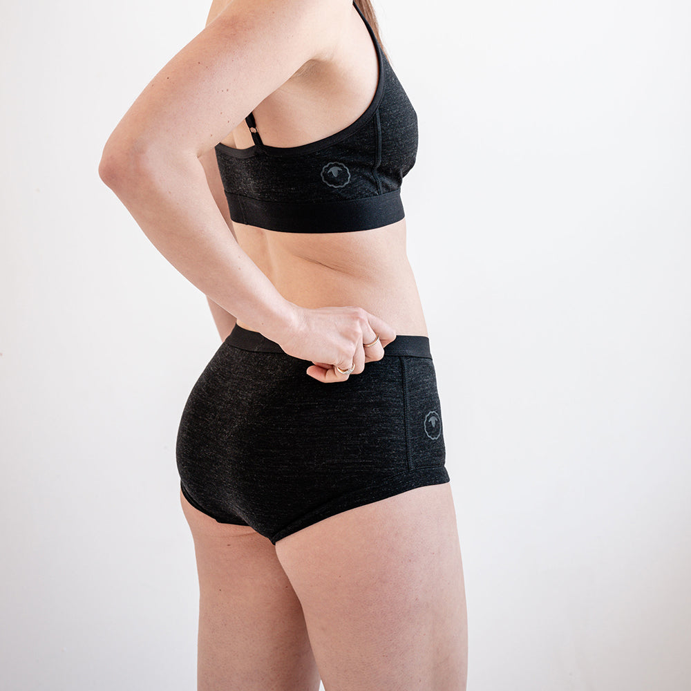 Womens Merino Blend 160 Hipster Knickers (Black Melange) | Model: SS25-1