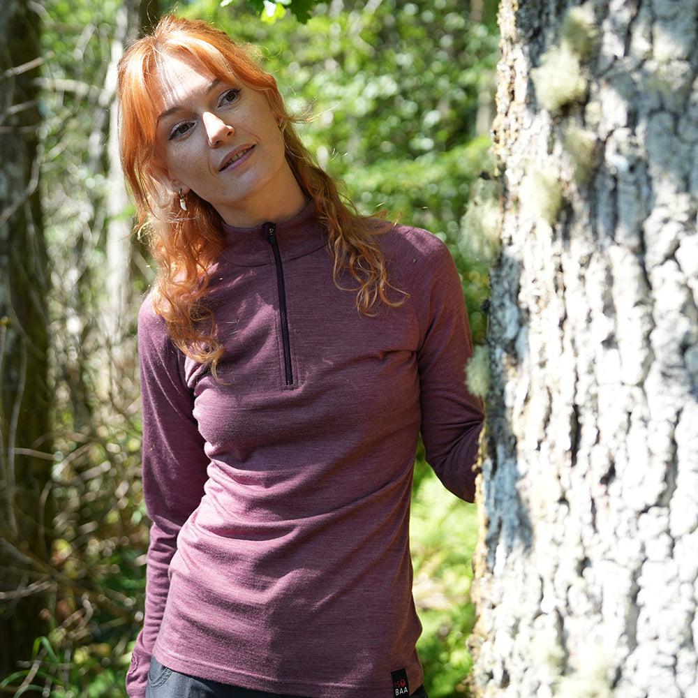 Isobaa Womens Merino 200 Long Sleeve Zip Neck (Mauve Melange/Wine) | Model: Emma