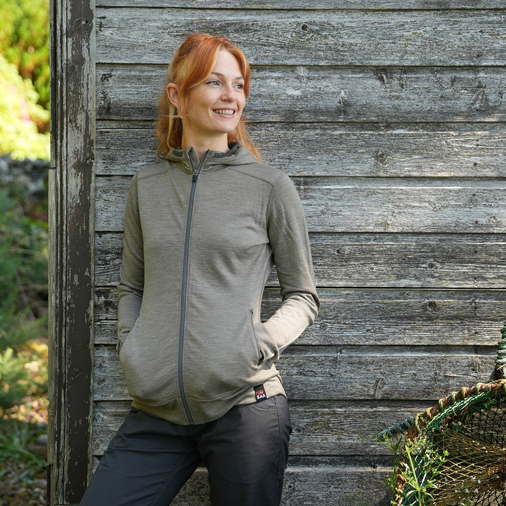 Isobaa Womens Merino 260 Casual Hoodie (Truffle Melange/Smoke) | Model: Emma