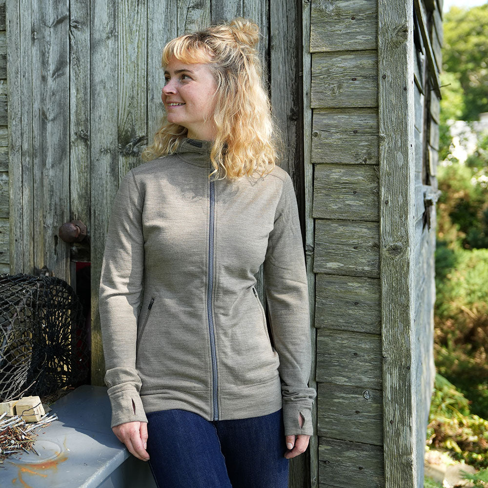 Isobaa Womens Merino 260 Casual Hoodie (Truffle Melange/Smoke) | Model: Molly