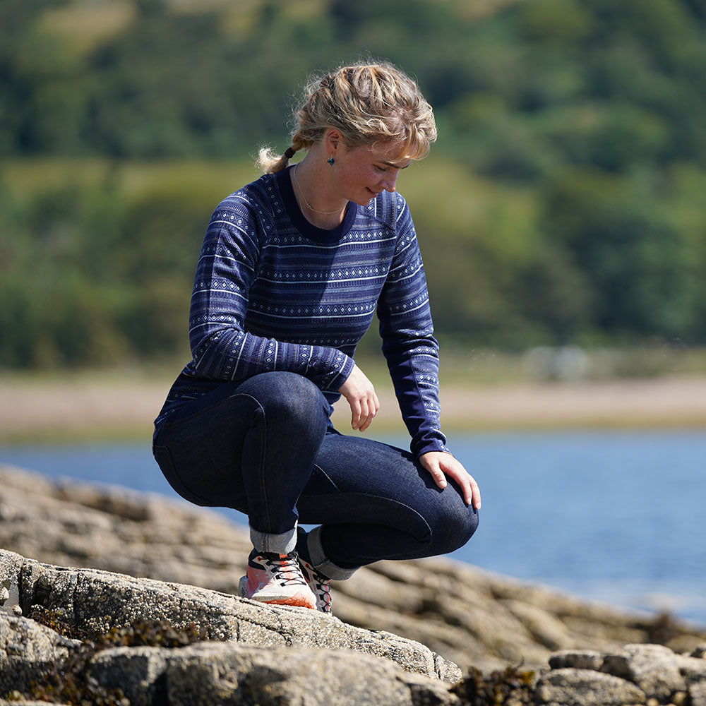Womens Merino Blend 250 Fairisle Jacquard Long Sleeve Crew (Navy/Denim/Agave) | Model: Molly