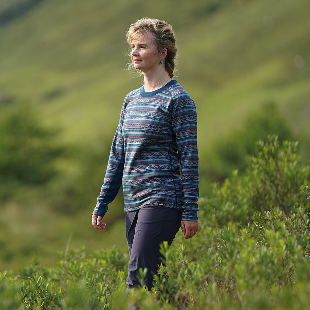 Womens Merino Blend 250 Fairisle Jacquard Long Sleeve Crew (Petrol/Lagoon/Orange) | Model: Molly