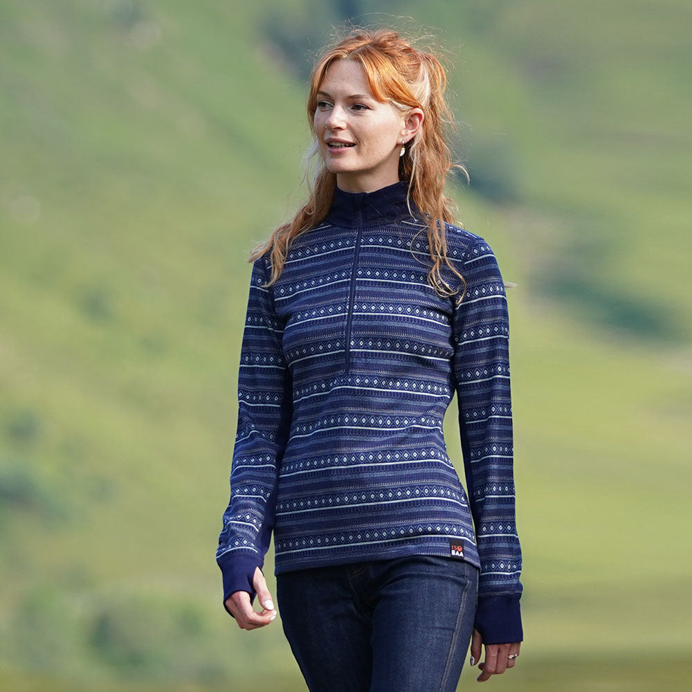 Womens Merino Blend 250 Fairisle Jacquard Long Sleeve Zip Neck (Navy/Denim/Agave) | Model: Emma