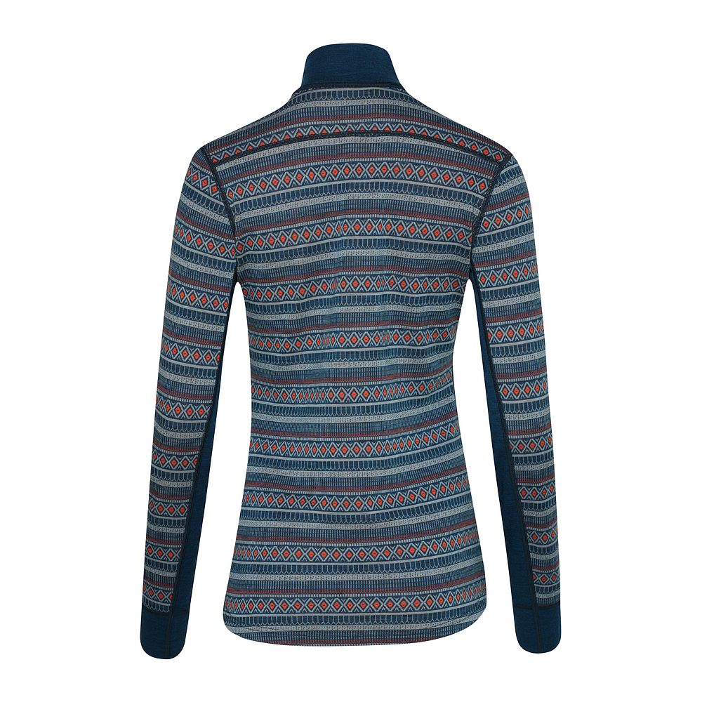 Womens Merino Blend 250 Fairisle Jacquard Long Sleeve Zip Neck (Petrol/Lagoon/Orange)