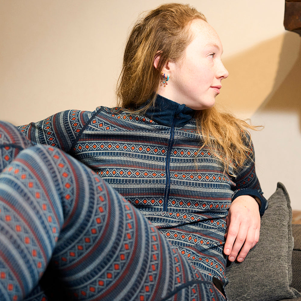 Womens Merino Blend 250 Fairisle Jacquard Long Sleeve Zip Neck (Petrol/Lagoon/Orange) | Model: Olivia