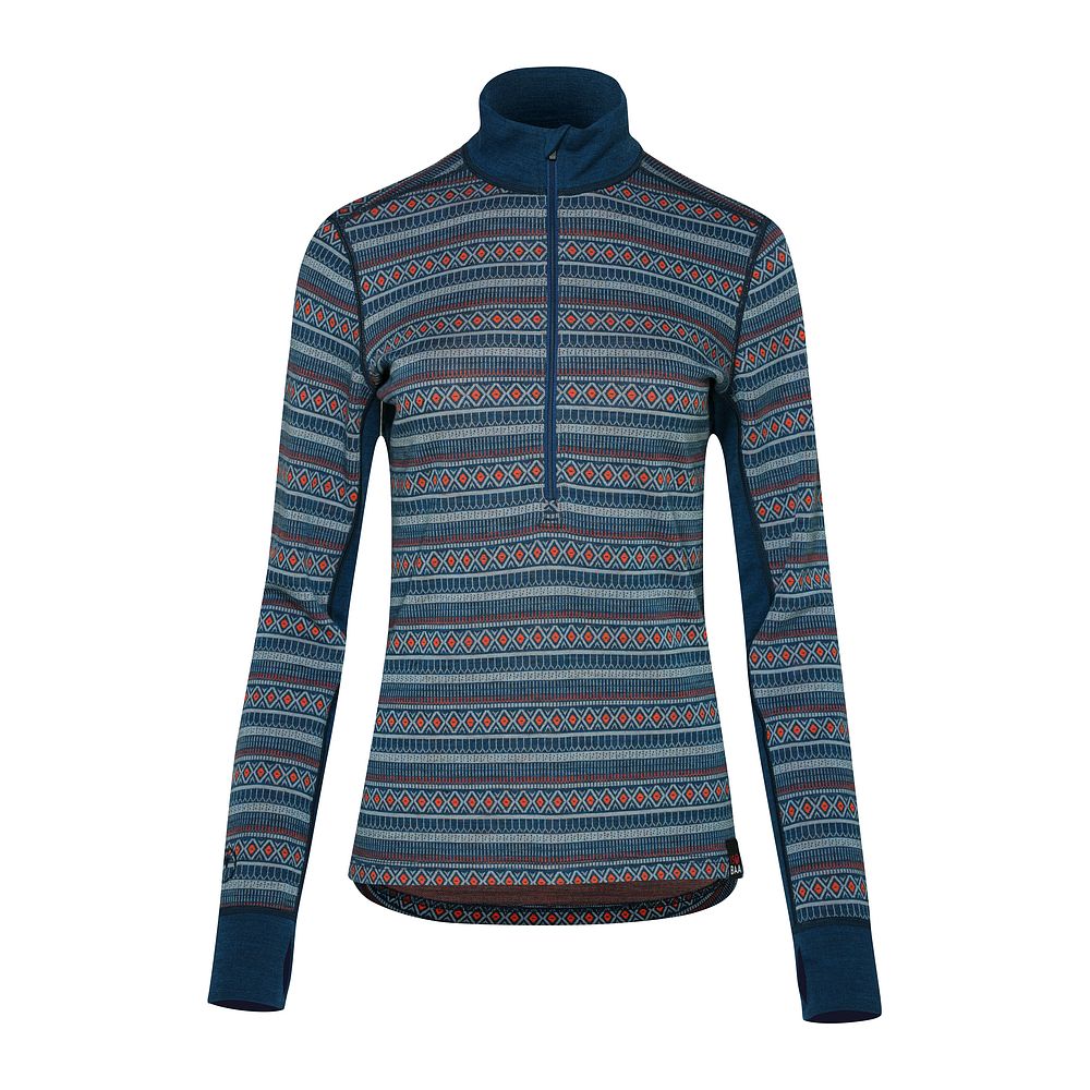 Womens Merino Blend 250 Fairisle Jacquard Long Sleeve Zip Neck (Petrol/Lagoon/Orange)