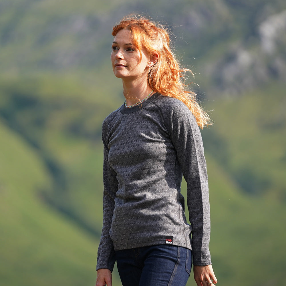 Womens Merino Blend 250 Geometric Jacquard Long Sleeve Crew (Smoke/Charcoal) | Model: Emma