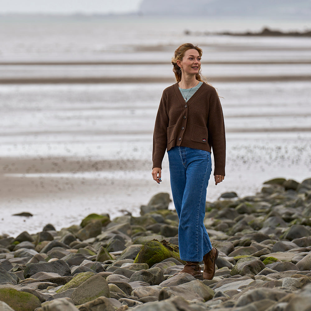 Womens Herdwick Merino Cardigan (Brown) | Model: Emma