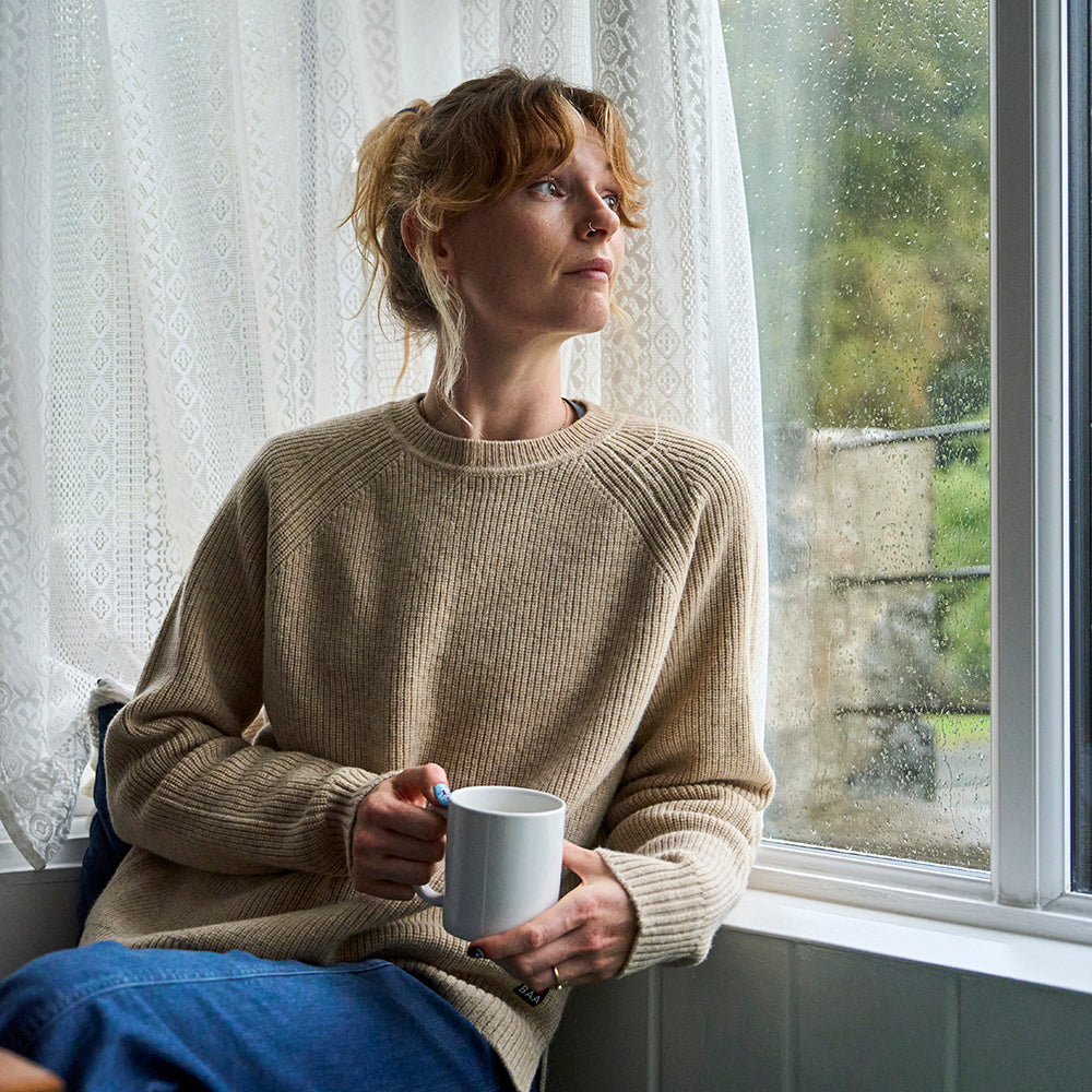 Womens Herdwick Merino Crew Sweater (Oatmeal) | Model: Emma