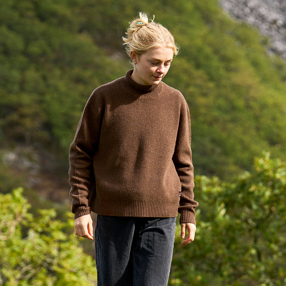 Womens Herdwick Merino Funnel Neck Sweater (Brown) | Model: Cat