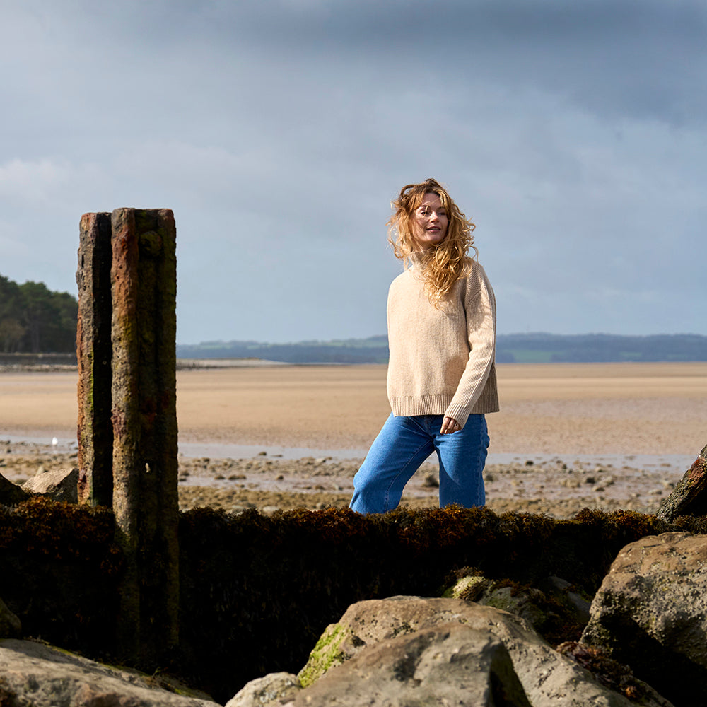 Womens Herdwick Merino Funnel Neck Sweater (Oatmeal) | Model: Emma