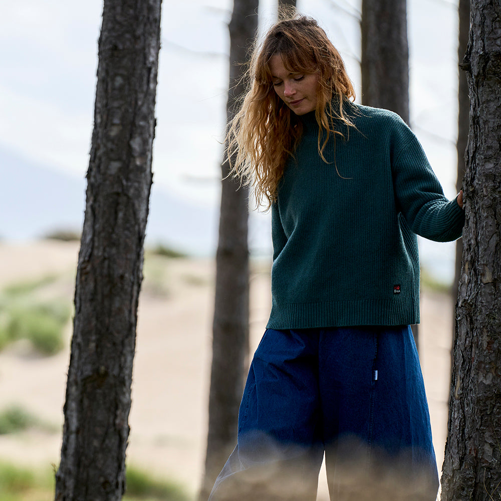 Womens Herdwick Merino Funnel Neck Sweater (Sea Green) | Model: Emma