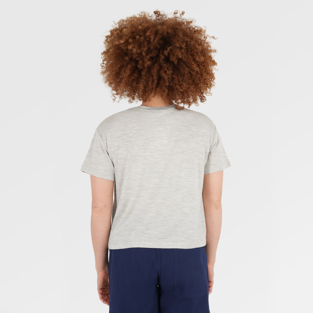 Womens Merino 150 Camping Relaxed Tee (Jute/Olive) | Model: Chi Chi