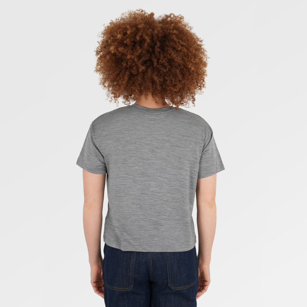 Womens Merino 150 Emblem Relaxed Tee (Charcoal/Smoke) | Model: Chi Chi