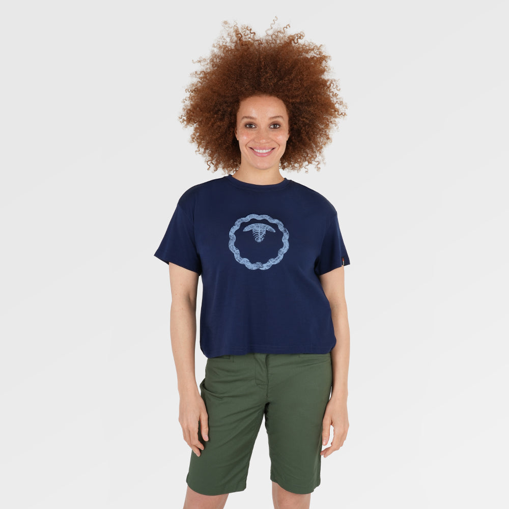 Womens Merino 150 Emblem Relaxed Tee (Navy/Sky) | Model: Chi Chi