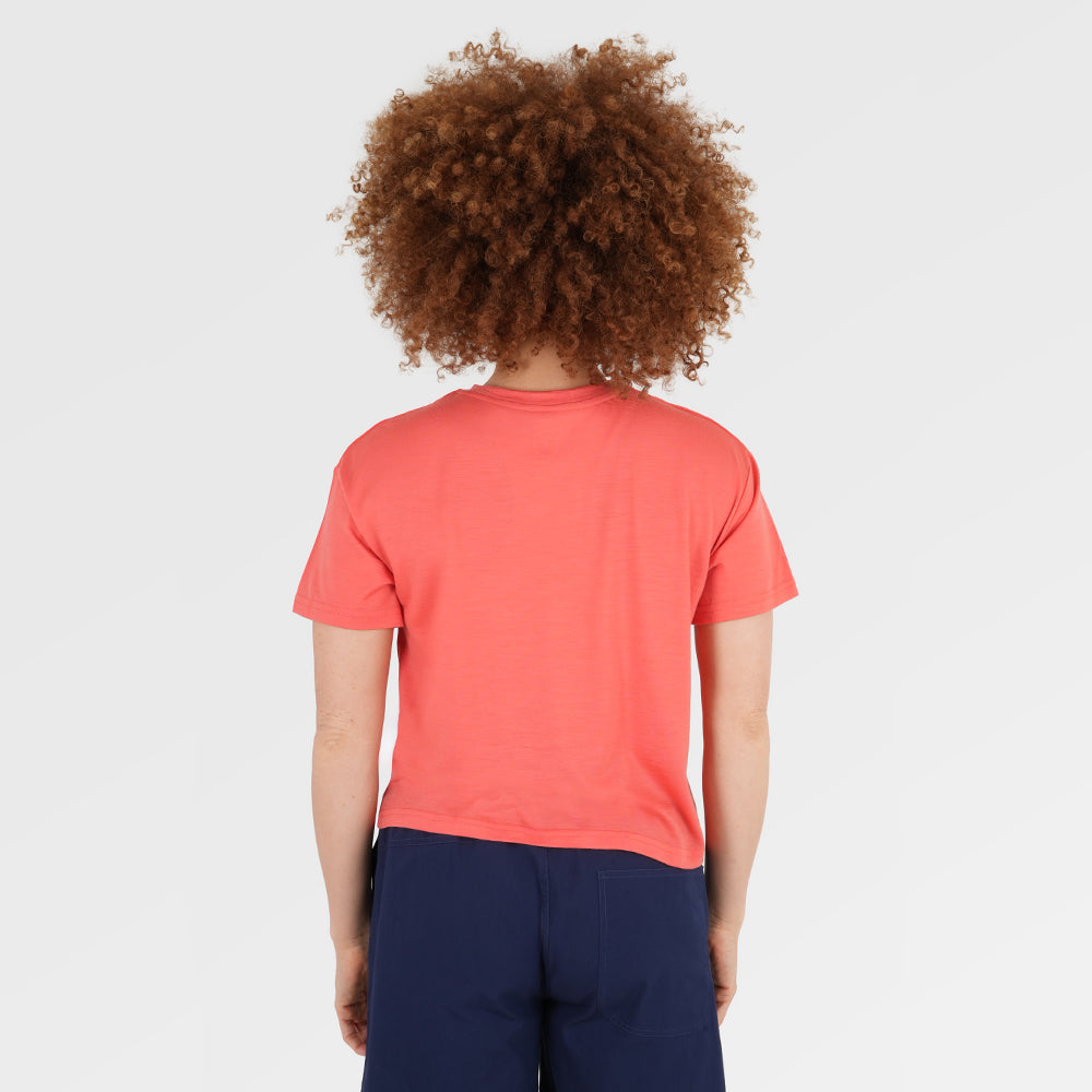 Womens Merino 150 Short Sleeve Relaxed Crew (Coral) | Model: Chi Chi 