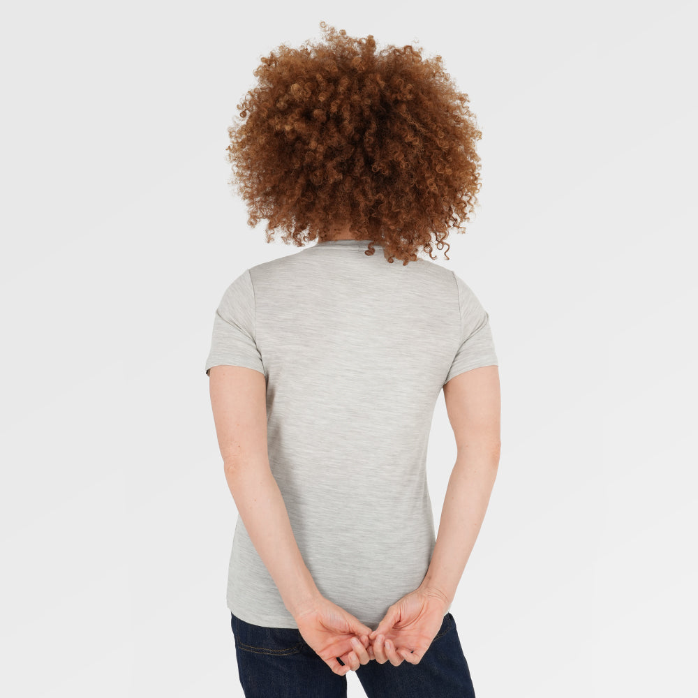 Womens Merino 150 Sketched Sunset Tee (Jute/Denim) | Model: Chi Chi