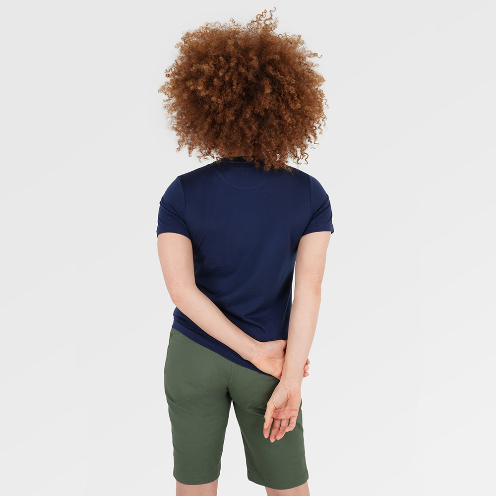 Womens Merino 150 Sketched Sunset Tee (Navy/Charcoal) | Model: Chi Chi