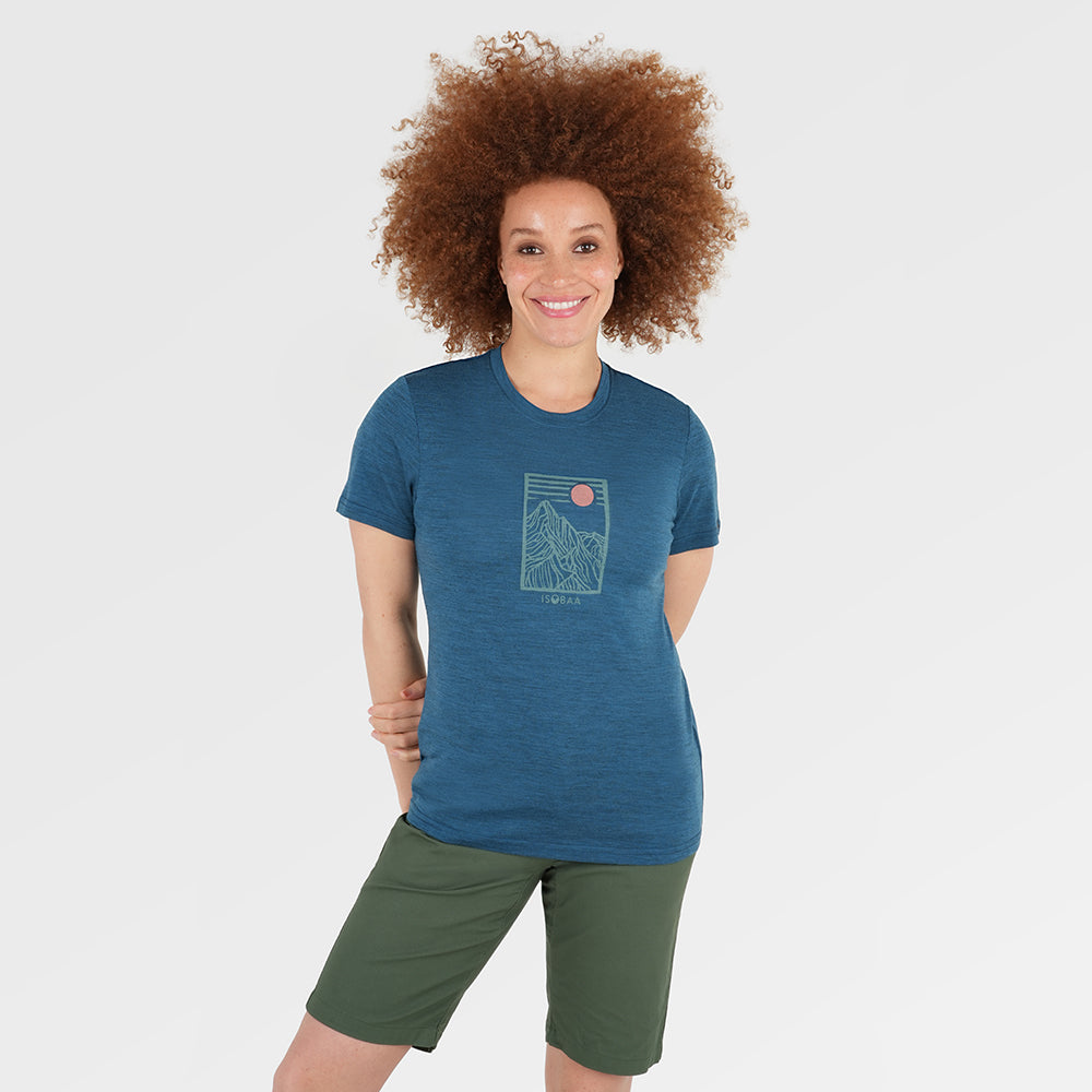 Womens Merino 150 Stamp Summit Tee (Petrol) | Model: Chi Chi