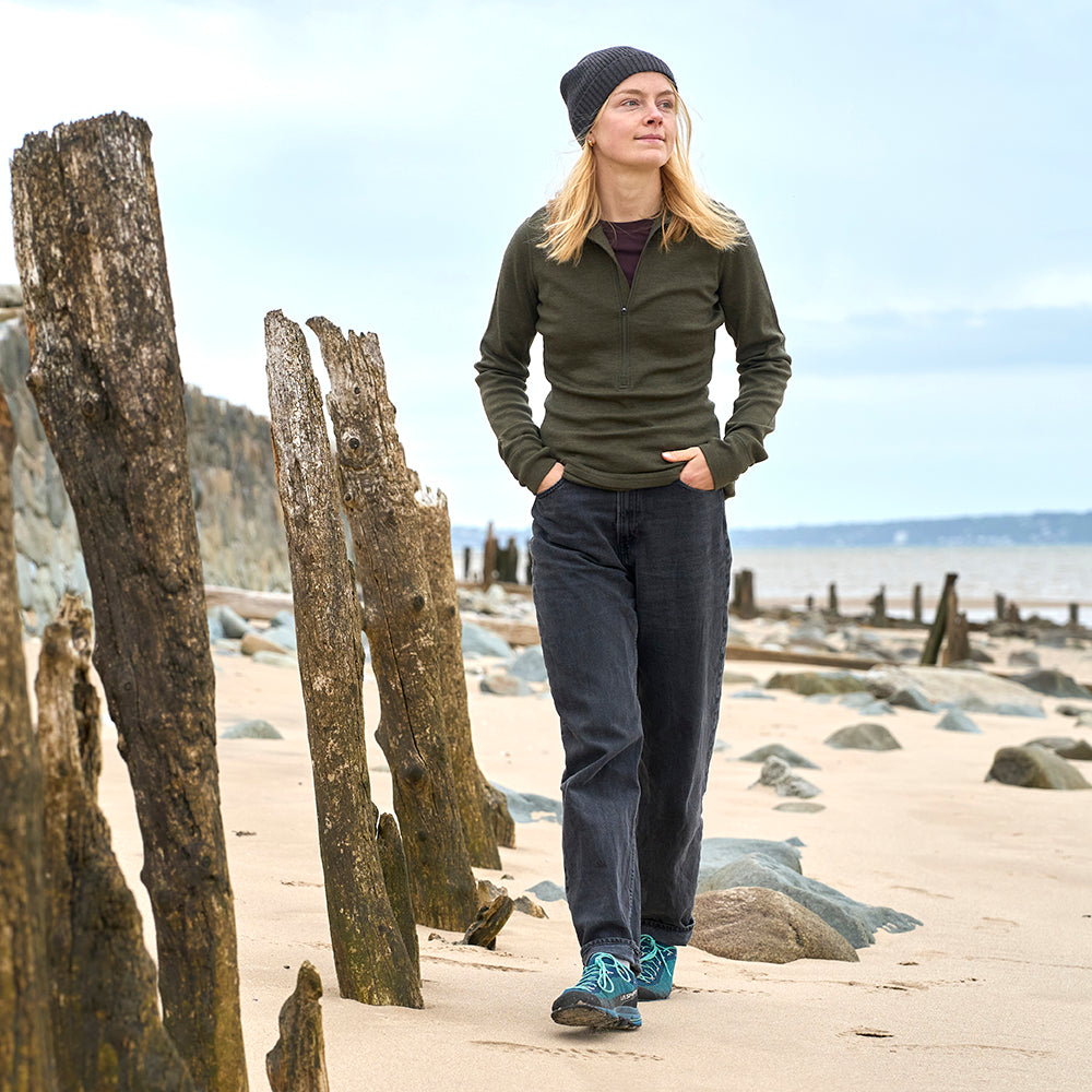 Womens Merino 320 Long Sleeve Half Zip (Dark Olive) | Model: Cat