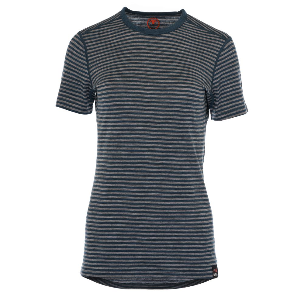 Isobaa | Womens Merino 150 Short Sleeve Crew (Stripe Petrol/Charcoal) | Gear up for performance and comfort with Isobaa's technical Merino short-sleeved top.