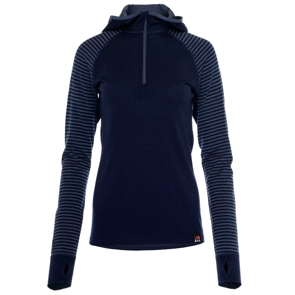 Isobaa | Womens Merino 200 Zip Neck Hoodie (Stripe Navy/Denim) | The ultimate 200gm Merino wool hoodie.