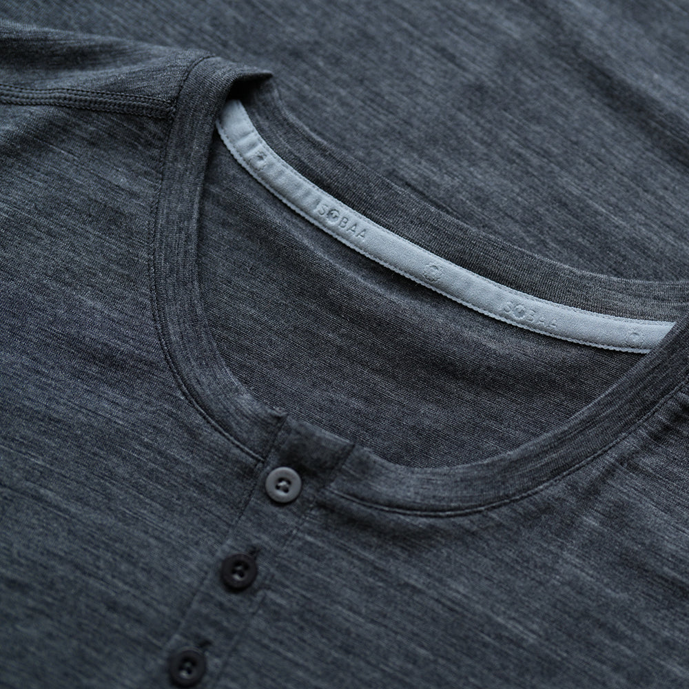 Isobaa | Mens Merino Blend 160 PJ Henley (Smoke Melange) | Relax with our superfine Merino blend Henley.