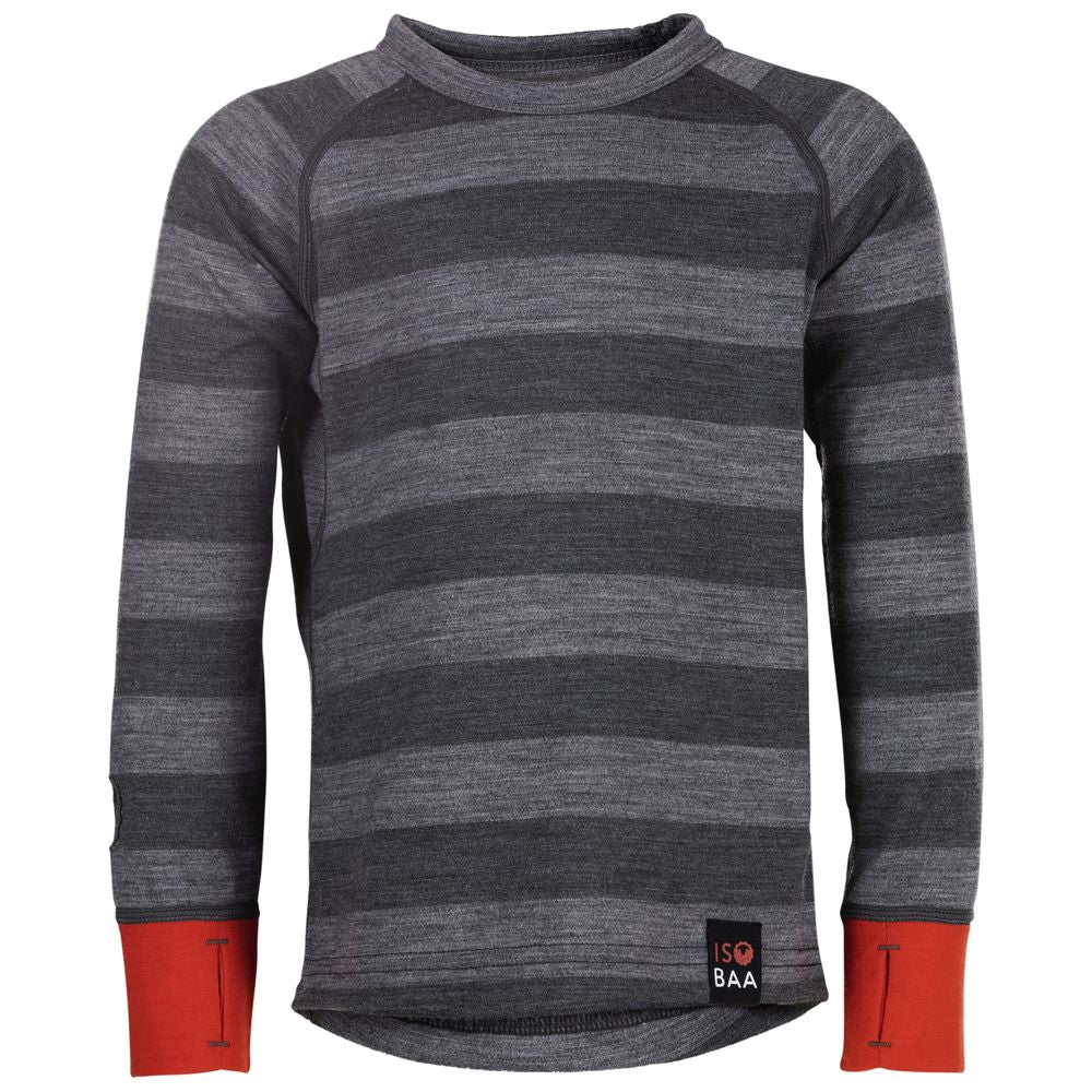 Isobaa | Kids Merino Blend 200 Long Sleeve Crew (Stripe Charcoal/Smoke) | Your child's new favorite top: warm, breathable, and always comfortable thanks to Isobaa's Merino Wool blend.