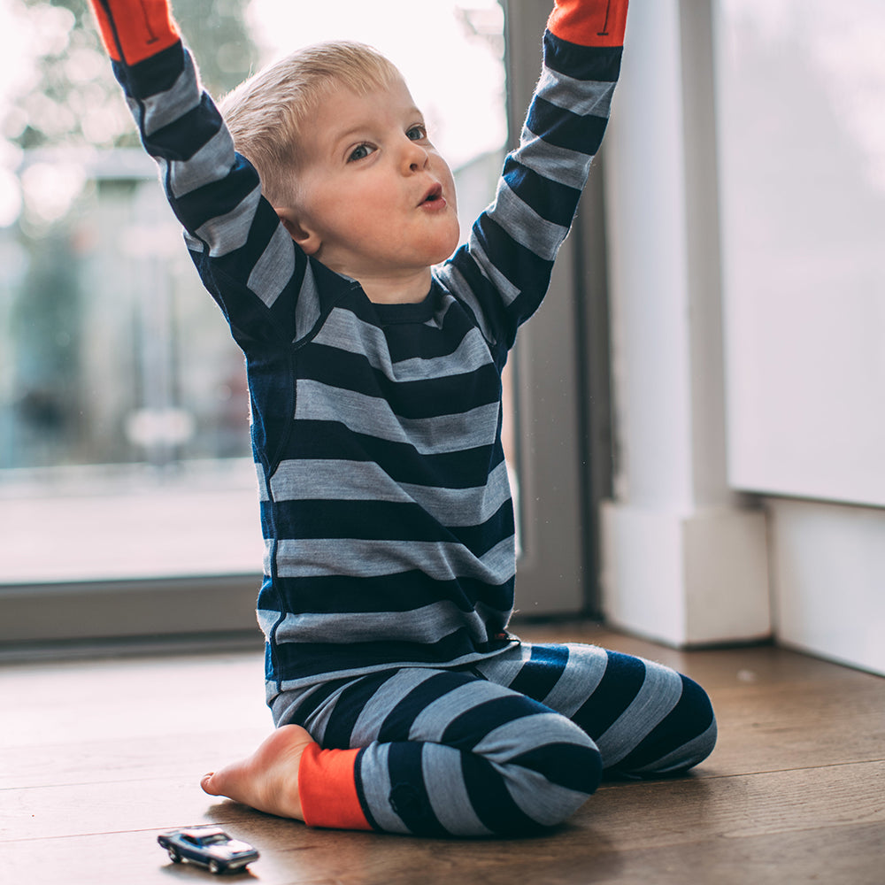 Isobaa | Kids Merino Blend 200 Long Sleeve Crew (Stripey Navy/Sky) | Your child's new favorite top: warm, breathable, and always comfortable thanks to Isobaa's Merino Wool blend.