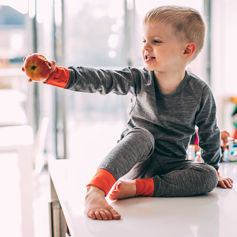 Isobaa | Kids Merino Blend 200 Long Sleeve Crew (Charcoal/Orange) | Your child's new favorite top: warm, breathable, and always comfortable thanks to Isobaa's Merino Wool blend.