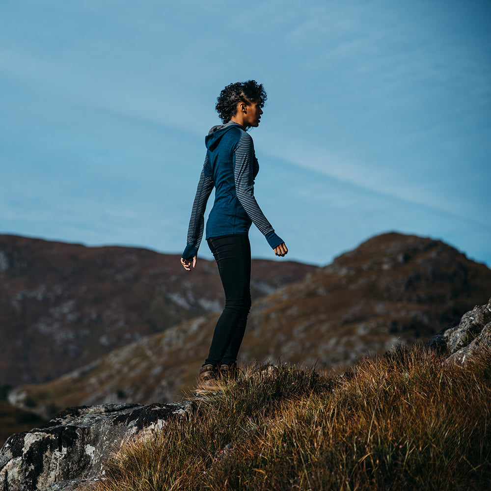 Isobaa | Womens Merino 200 Zip Neck Hoodie (Stripe Petrol/Charcoal) | The ultimate 200gm Merino wool hoodie.