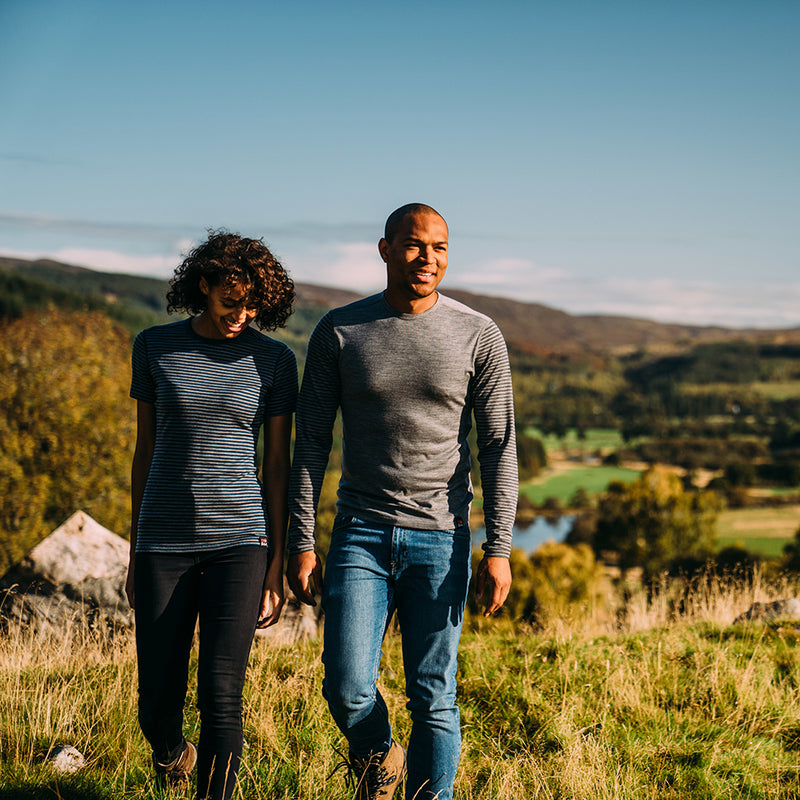 Isobaa | Womens Merino 150 Short Sleeve Crew (Stripe Petrol/Charcoal) | Gear up for performance and comfort with Isobaa's technical Merino short-sleeved top.