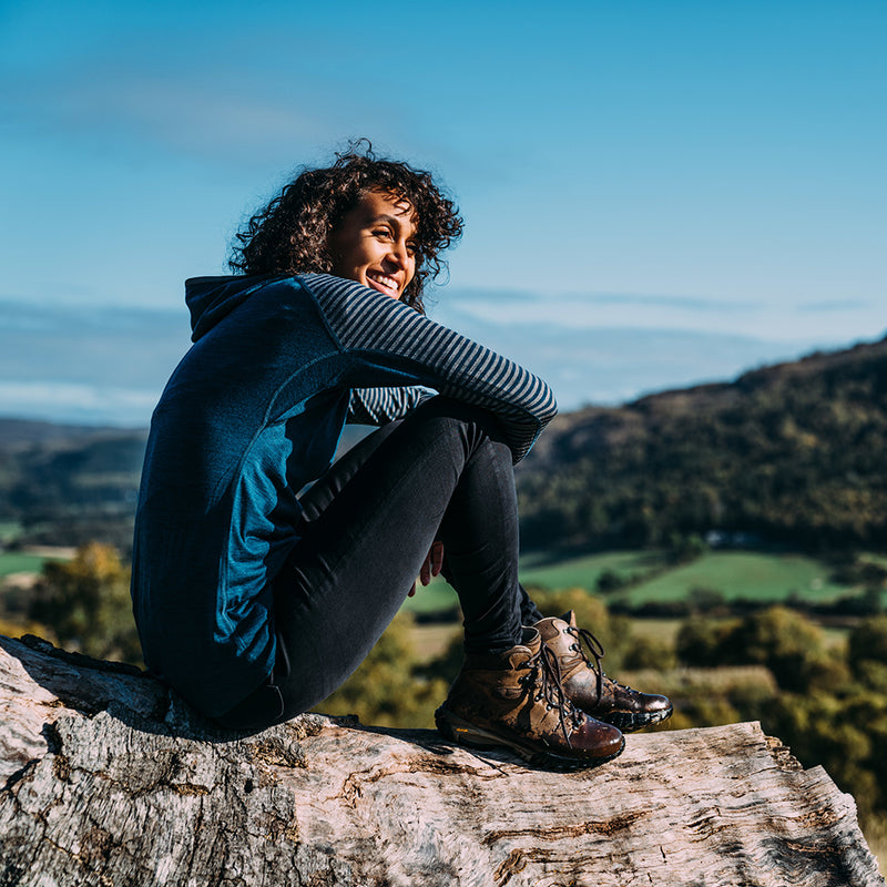 Isobaa | Womens Merino 200 Zip Neck Hoodie (Stripe Petrol/Charcoal) | The ultimate 200gm Merino wool hoodie.