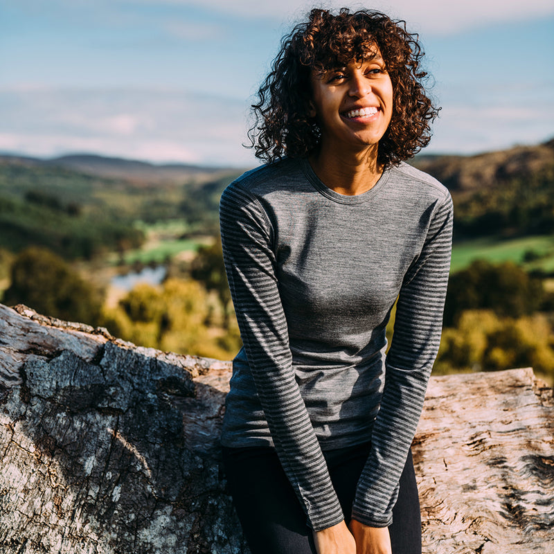 Isobaa | Womens Merino 180 Long Sleeve Crew (Stripe Charcoal/Smoke) | Get outdoors with the ultimate Merino wool long-sleeve top.