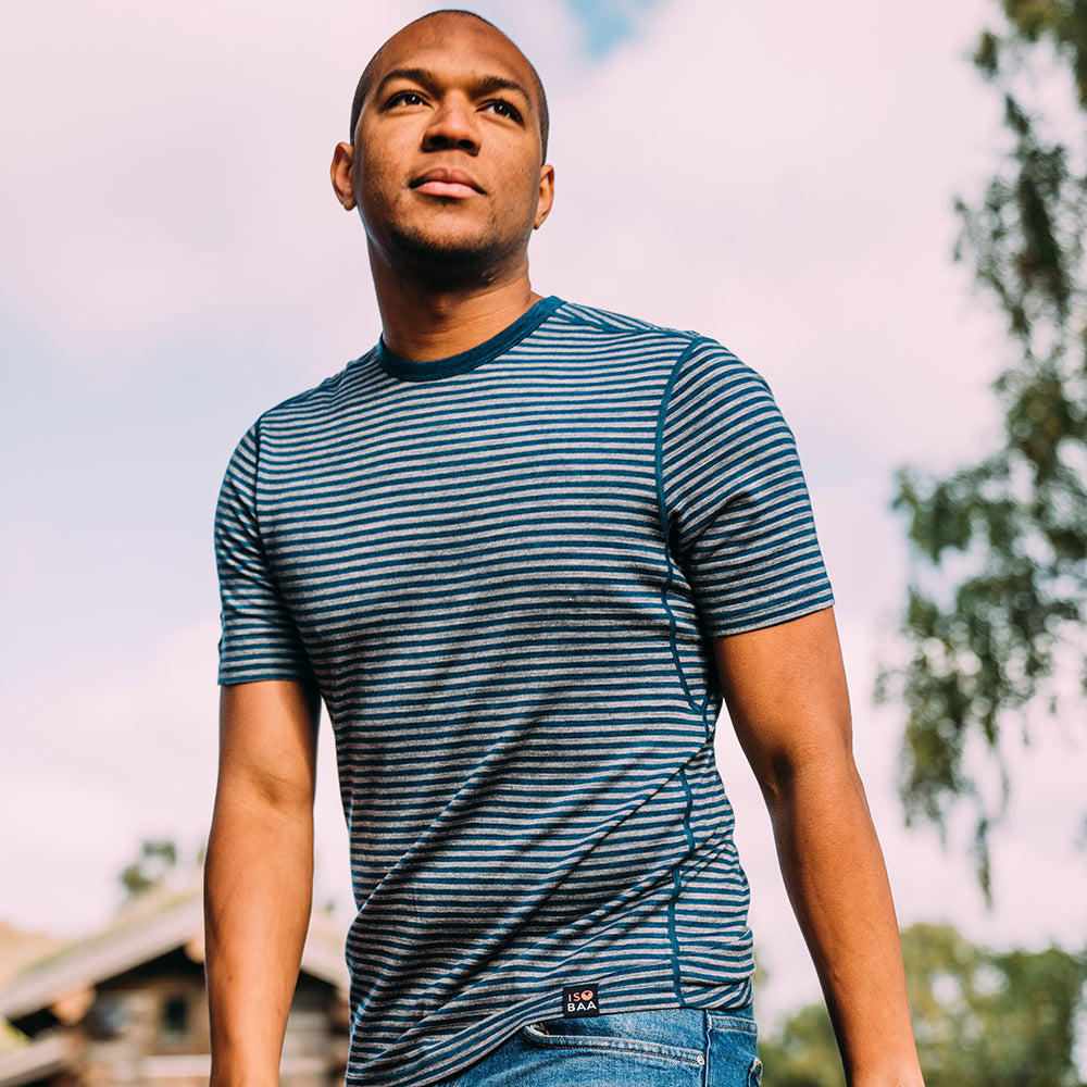 Isobaa | Mens Merino 150 Short Sleeve Crew (Stripe Petrol/Charcoal) | Gear up for performance and comfort with Isobaa's technical Merino short-sleeved top.