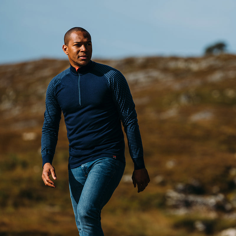 Isobaa | Mens Merino 200 Long Sleeve Zip Neck (Stripe Navy/Denim) | Experience the best of 200gm Merino wool with this ultimate half-zip top – your go-to for challenging hikes, chilly bike commutes, post-workout layering, and unpredictable weather.