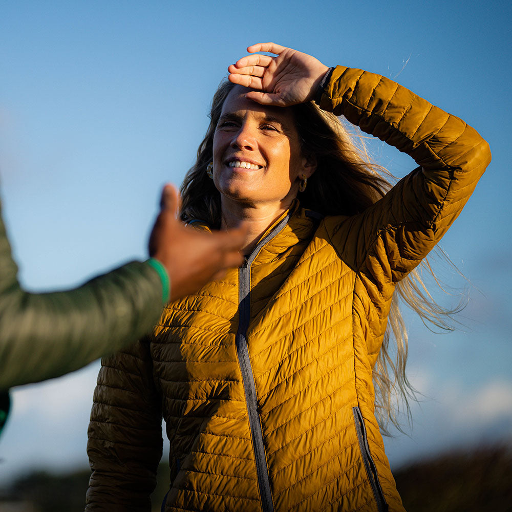 Isobaa | Womens Merino Wool Insulated Jacket (Mustard/Smoke) | Innovative and sustainable design with our Merino jacket.