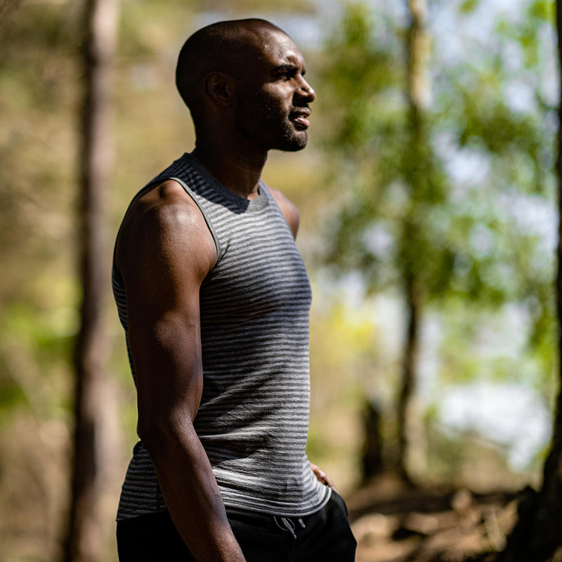 Isobaa | Mens Merino 150 Vest (Mini Stripe Smoke/Charcoal) | Be ready for any adventure with Isobaa's superfine Merino sleeveless Vest.