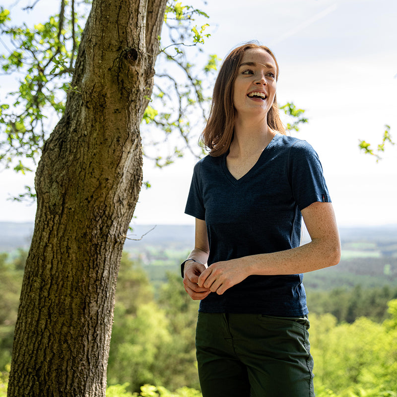Isobaa | Womens Merino 150 V-Neck Tee (Petrol) | Embark on new adventures with Isobaa's superfine Merino V-neck Tee.