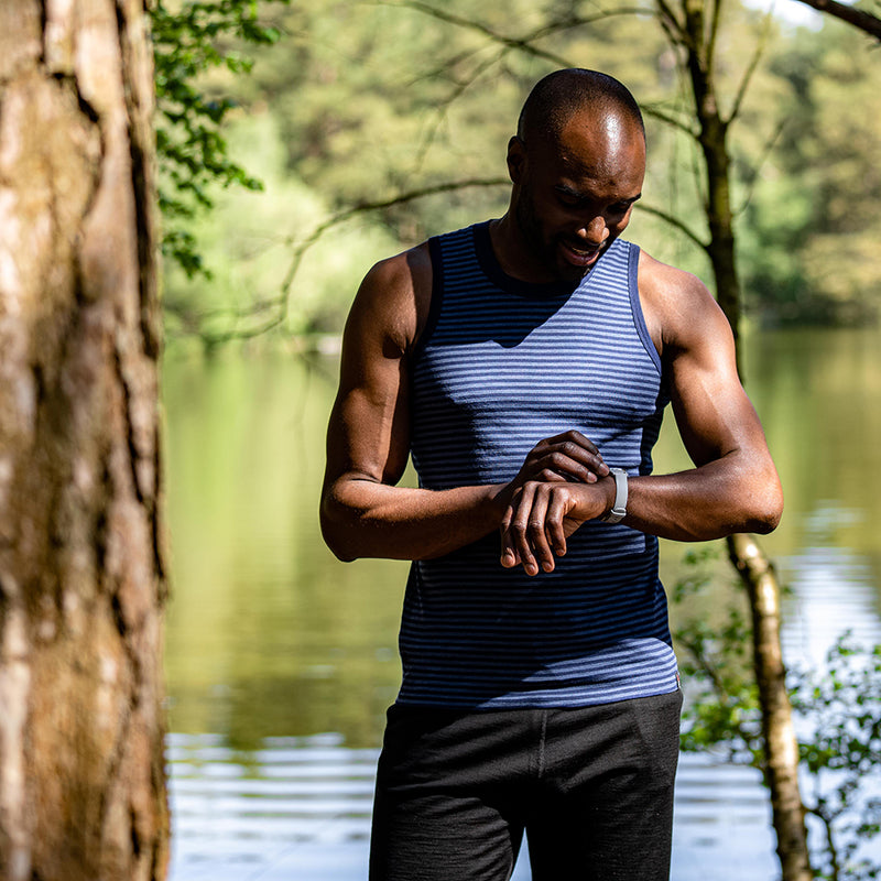 Isobaa | Mens Merino 150 Vest (Mini Stripe Navy/Denim) | Be ready for any adventure with Isobaa's superfine Merino sleeveless Vest.
