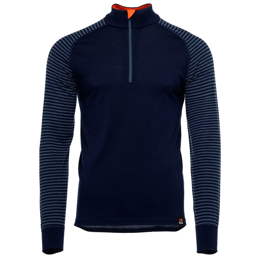 Isobaa | Mens Merino 200 Long Sleeve Zip Neck (Stripe Navy/Denim) | Experience the best of 200gm Merino wool with this ultimate half-zip top – your go-to for challenging hikes, chilly bike commutes, post-workout layering, and unpredictable weather.