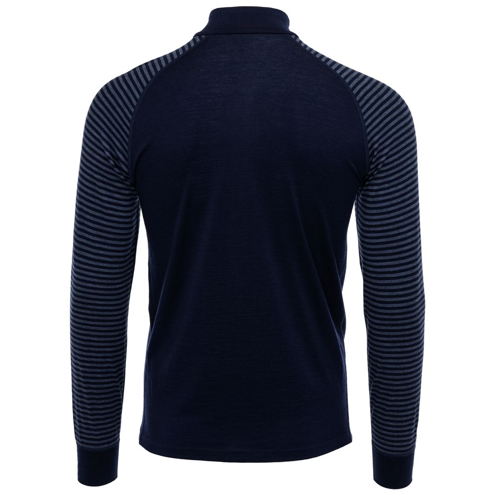 Isobaa | Mens Merino 200 Long Sleeve Zip Neck (Stripe Navy/Denim) | Experience the best of 200gm Merino wool with this ultimate half-zip top – your go-to for challenging hikes, chilly bike commutes, post-workout layering, and unpredictable weather.