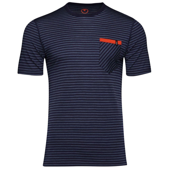 Isobaa | Mens Merino 150 Pocket Tee (Mini Stripe Navy/Denim) | Gear up for outdoor adventure with Isobaa's superfine Merino Tee – a perfect blend of comfort, practicality, and sustainable design.